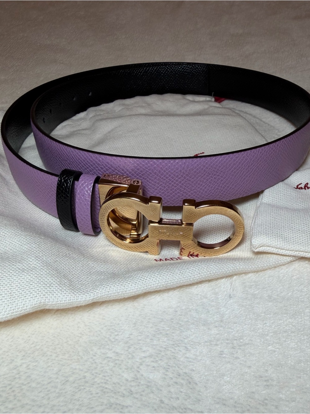 Salvatore Ferragamo Lilac Leather Reversible Belt with Gold Gancini Buckle